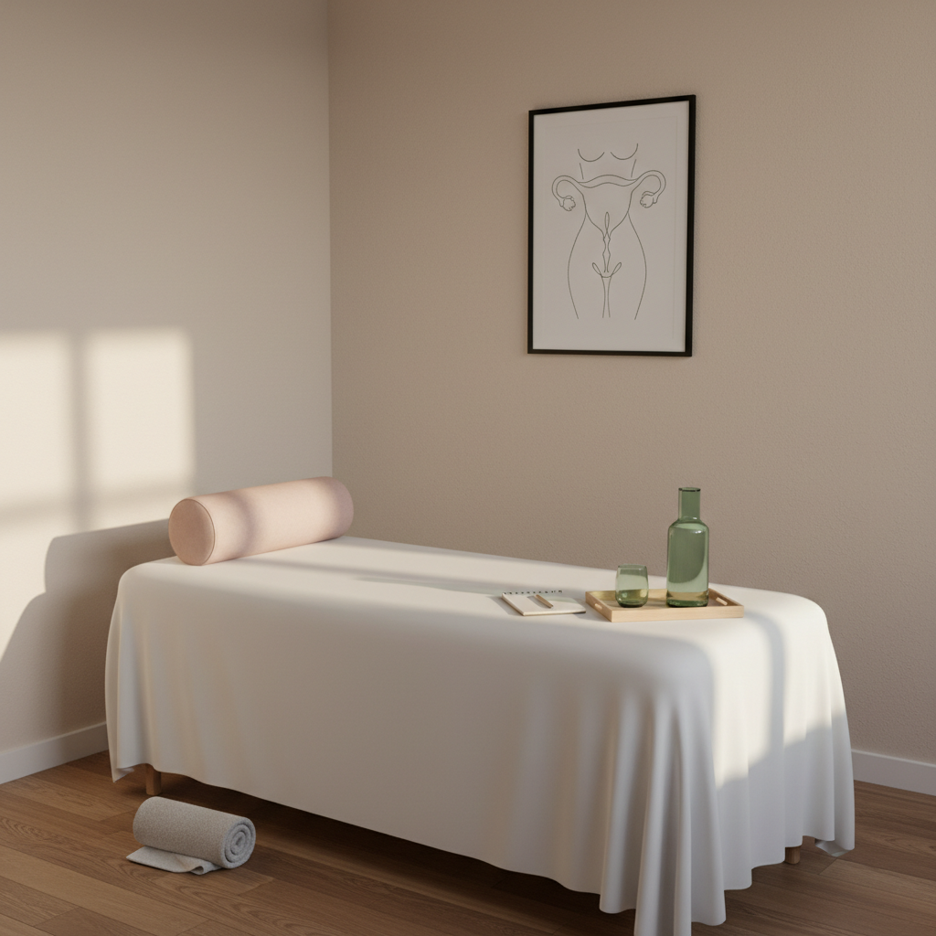 A tranquil therapy corner designed for women’s pelvic wellness, centered on a padded examination table covered with a pristine white sheet and a pale rose bolster neatly placed at one end. At the foot of the table lies a rolled light-gray towel and a small tray holding a notepad, a smooth jade-green glass water carafe, and a matching tumbler. The backdrop is a soft beige wall with a subtle textured finish and a framed minimalist line drawing of female anatomy. Natural afternoon light enters from an unseen window, casting soft, elongated shadows that enhance the soothing atmosphere. Captured at a three-quarter angle with balanced composition, the photographic realism emphasizes cleanliness, comfort, and professional care.