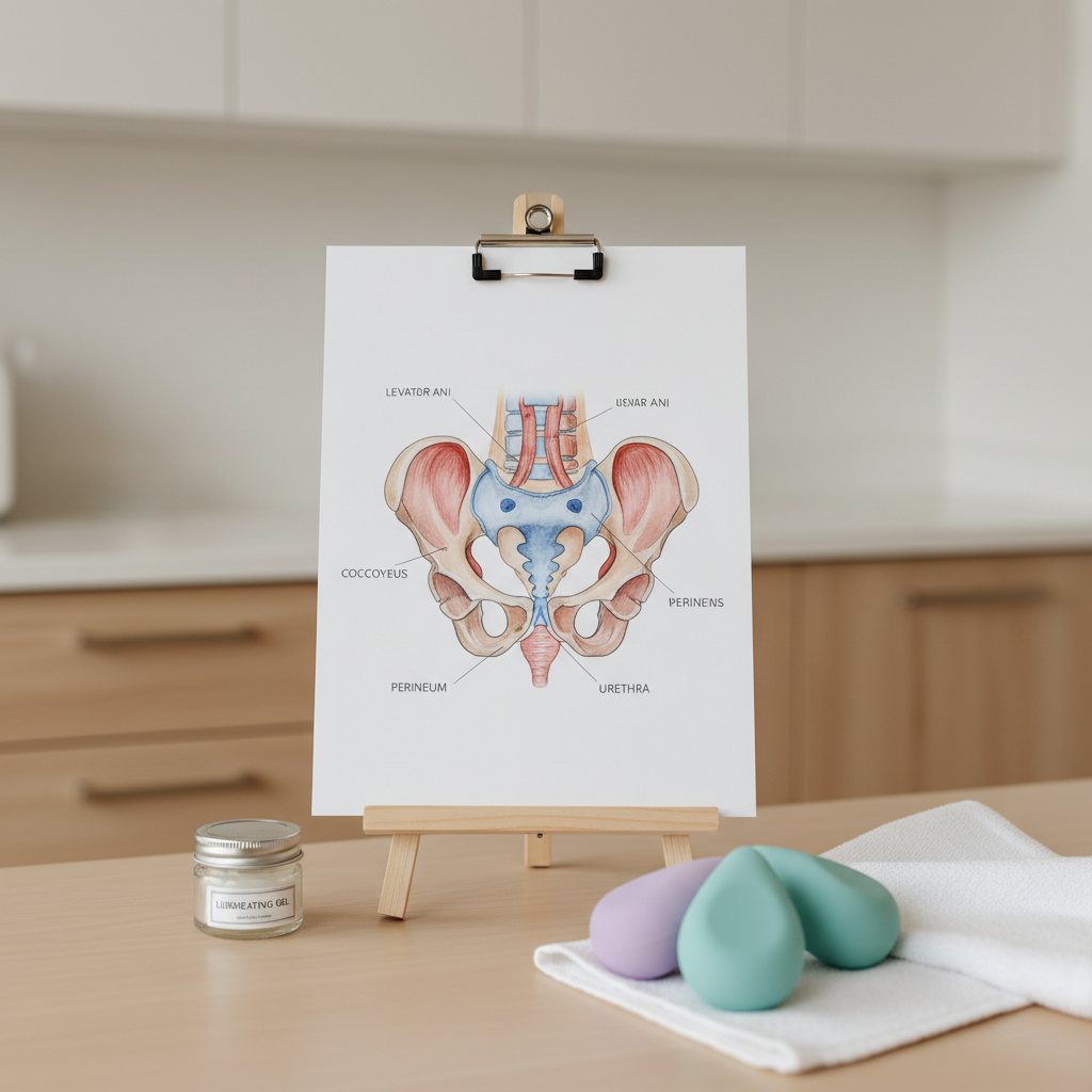 A close-up of a detailed, high-quality illustration board of the female pelvic floor musculature printed on smooth matte paper, clipped to a light wooden easel in a serene clinic space. Surrounding the board are neatly arranged tools of pelvic care: a small glass jar of lubricating gel, a pair of silicone pelvic exercise weights in soft lavender and teal, and a folded white cotton towel. The background shows blurred cabinets in warm white and natural wood. Diffused overhead lighting and side daylight create soft reflections on the silicone surfaces, maintaining a calm, clinical atmosphere. Shot from a slightly elevated angle with shallow depth of field, the focus remains on the educational board, conveying clarity, professionalism, and gentle support in a photographic, modern aesthetic.