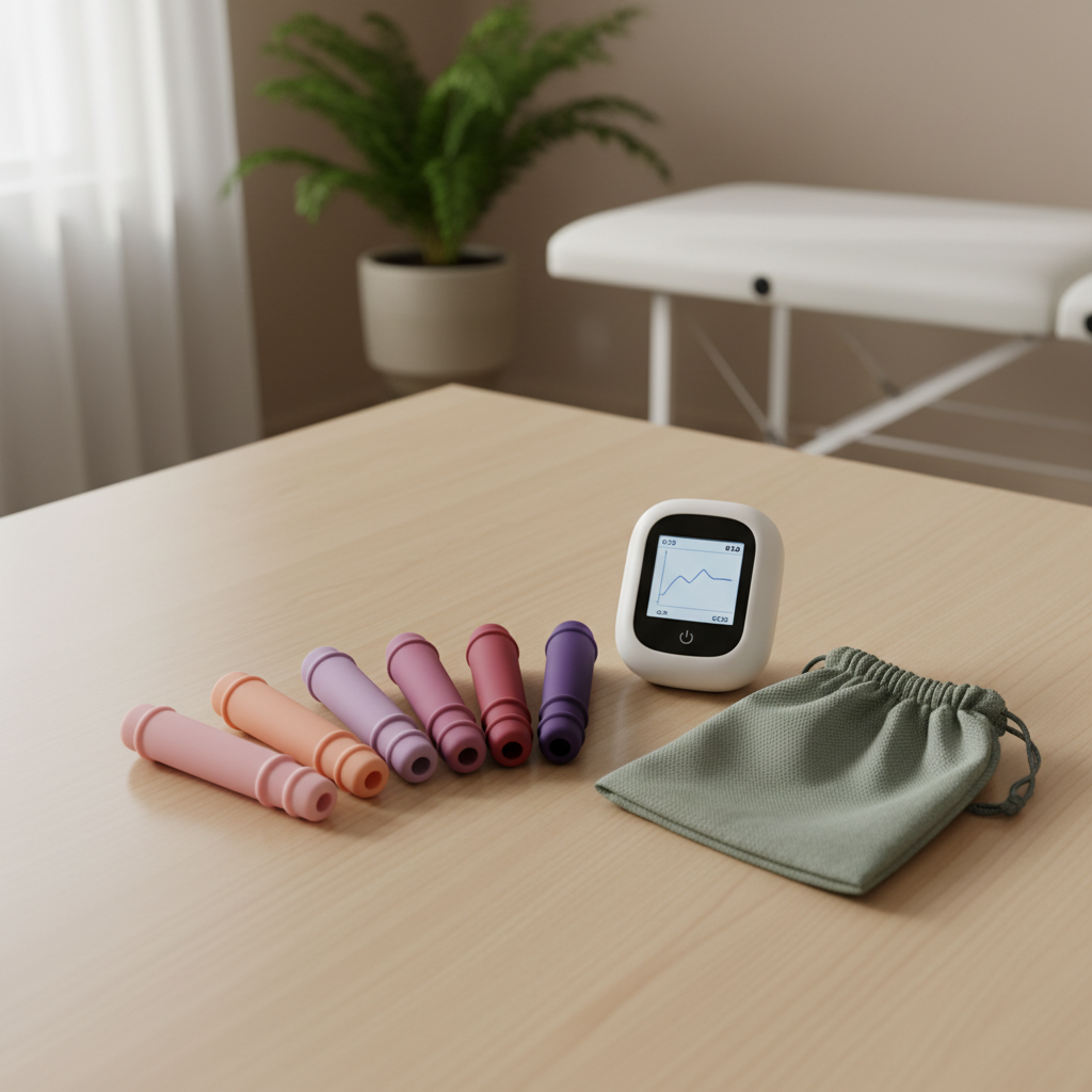 A set of pelvic floor rehabilitation tools displayed on a smooth, light wood surface: a series of silicone dilators in gradient shades from soft blush to deep plum, a discreet white biofeedback device with a small digital screen, and a fabric storage pouch in muted sage. Each object shows fine texture details, from the velvety matte silicone to the finely woven pouch fabric. The background is a softly blurred clinical setting with neutral tones and a hint of a plant. Gentle side lighting from a nearby window creates subtle highlights and rounded shadows, emphasizing form without harshness. Photographed from above in a carefully arranged composition, the image feels educational, discreet, and reassuring, perfectly suited to a professional women’s pelvic health service.