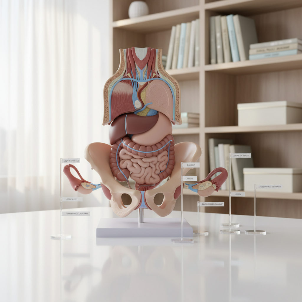A highly detailed anatomical pelvis model opened to reveal layered, removable components of the pelvic floor muscles, organs, and ligaments, all rendered in realistic yet soft, non-intimidating colors like muted reds, blush pinks, and pale blues. The model sits centered on a glossy white counter, with small labeled acrylic stands describing each part. Behind it, shelves hold neatly arranged reference books in neutral covers and a few discreet storage boxes. Overhead clinical lighting combines with soft natural light from a side window, creating precise yet gentle illumination that highlights textures and contours. Shot at eye level with a slight three-quarter turn, the composition feels like an educational demonstration, reinforcing expertise and clarity in specialized female pelvic care.