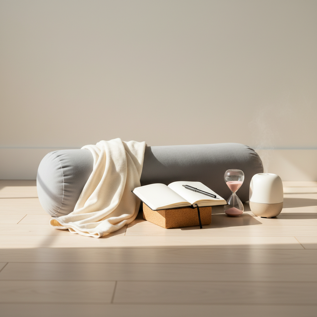 A serene breathing and pelvic awareness setup arranged on a pale wooden floor: a thick, dove-gray yoga bolster, a folded cream cotton blanket, and a small cork block supporting an open, blank journal with a fine-line pen resting across its pages. Nearby, an hourglass with soft rose-colored sand sits next to a ceramic essential oil diffuser emitting a faint mist. The background is an uncluttered wall in warm white, creating a sense of spaciousness. Soft morning light streams from the left, producing delicate shadows and a gentle glow on fabrics and wood. Captured at a slightly elevated angle with a shallow depth of field, the focus centers on the journal and bolster, evoking calm, introspection, and holistic support for women’s pelvic well-being in a clean, photographic style.
